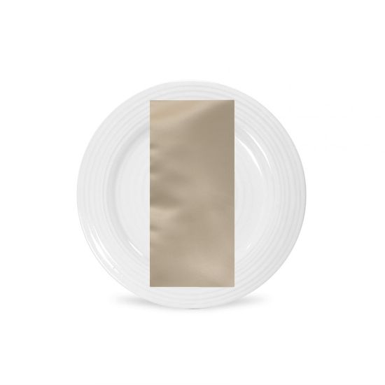 Camel satinesa napkin with smooth satin-like fabric finish in warm neutral tone, folded on a white plate for elegant event table settings