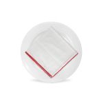 White napkin with red stitched trim border, folded in a triangle on a white plate for festive weddings and classic event table settings