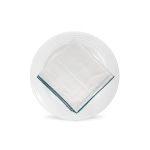 White napkin with teal green stitched trim border, folded in a triangle on a white plate for modern weddings and stylish event tables