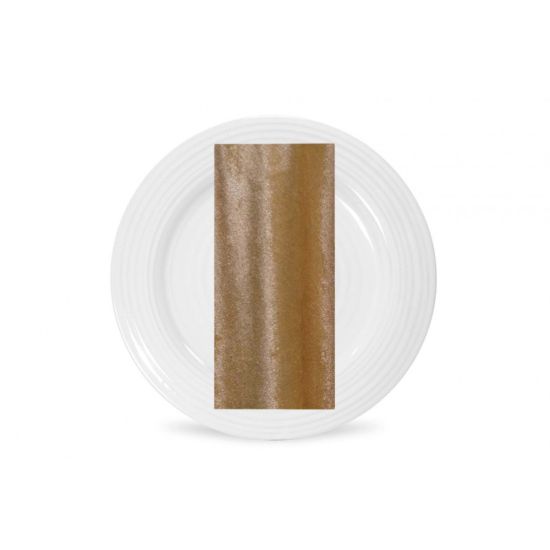 Gold velvet napkin with warm metallic plush texture and subtle sheen, folded on a white plate for glamorous weddings and event tables