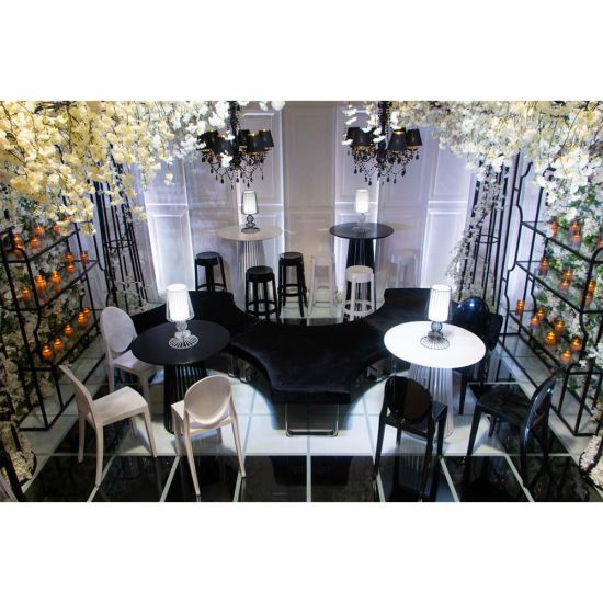 white Bohemian high-boy cocktail table with white finish for event rental