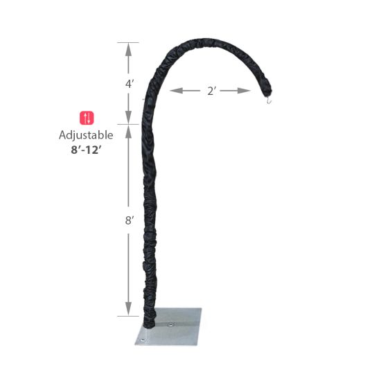 Chandelier hanger and coupler stand wrapped in greenery garland, curved support for hanging chandeliers or floral décor.