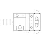 Floor plan diagram of luxury portable shower trailer showing multiple compartments and door locations for event shower rental planning