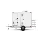 Floor plan diagram of luxury portable shower trailer showing multiple compartments and door locations for event shower rental planning
