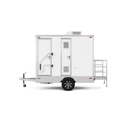 Floor plan diagram of luxury portable shower trailer showing multiple compartments and door locations for event shower rental planning