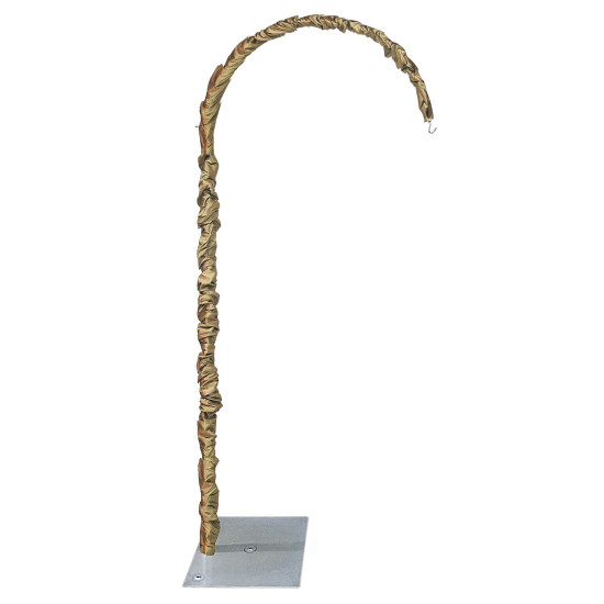 Chandelier hanger and coupler stand with gold fabric cover, curved hanging support for chandeliers and event décor.