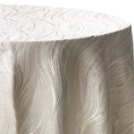 Ivory Charisma metallic sheen round event tablecloth draped over banquet table for weddings, receptions, and upscale party décor
