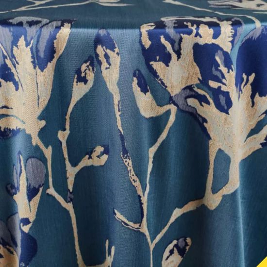 Blue Aria textured round event tablecloth with subtle pattern for weddings, receptions, showers, and upscale party décor