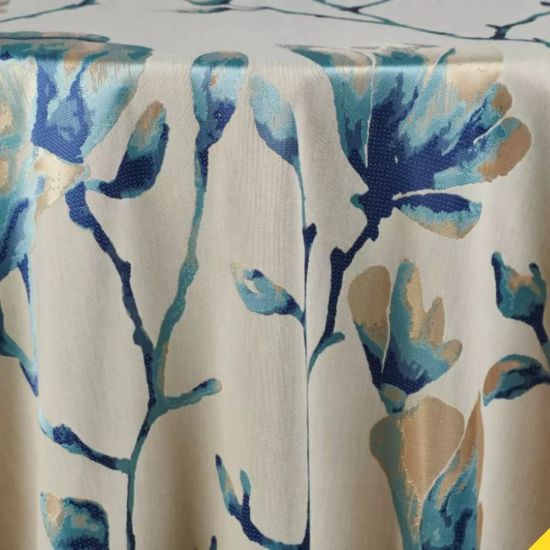 Blue Aria textured round event tablecloth with subtle pattern for weddings, receptions, showers, and upscale party décor