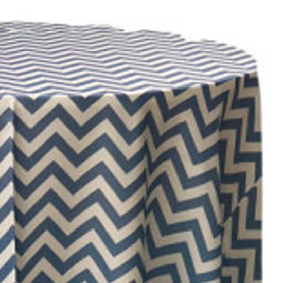 Chevron print round tablecloth with dark gray and white zigzag pattern for modern wedding and event table décor rental