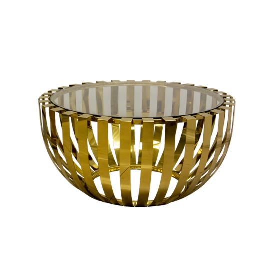Gold stainless-steel Alaia coffee table with minimalist frame and polished finish for luxury event lounge settings