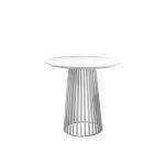 White Bohemian cocktail table with minimalist round top and light wood base for relaxed event lounge décor