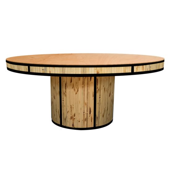 Black round Bamboo dining table 72″ with black wood top and dark bamboo style slatted base, ideal for modern event dining and reception décor