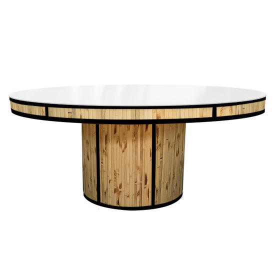 72″ round Bamboo dining table with white wood top and dark bamboo-style slatted base, ideal for modern event dining and reception décor