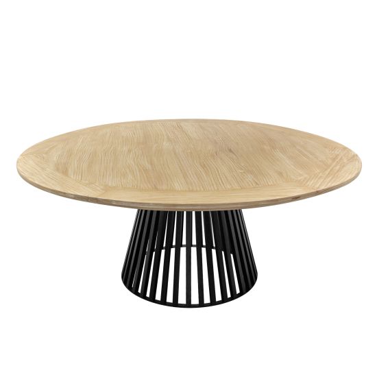 “72″ round Bohemian Dining Table Plus with natural wood tabletop and black sculptural base, ideal for modern boho event décor.