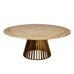 “72″ round Bohemian dining table with natural wood top and gold metal base, ideal for modern event dining and reception décor.