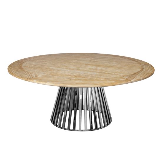 “72″ round Bohemian dining table with natural wood top and silver metal base, ideal for modern event dining and reception décor.
