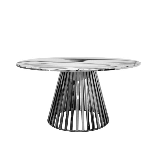 60" round bohemian dining table with silver tabletop and silver metal base, ideal for decorating boho chic events and receptions.