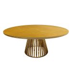 “72″ round Bohemian Dining Table Plus with warm gold cover tabletop and gold metal base, ideal for modern boho-chic event dining décor