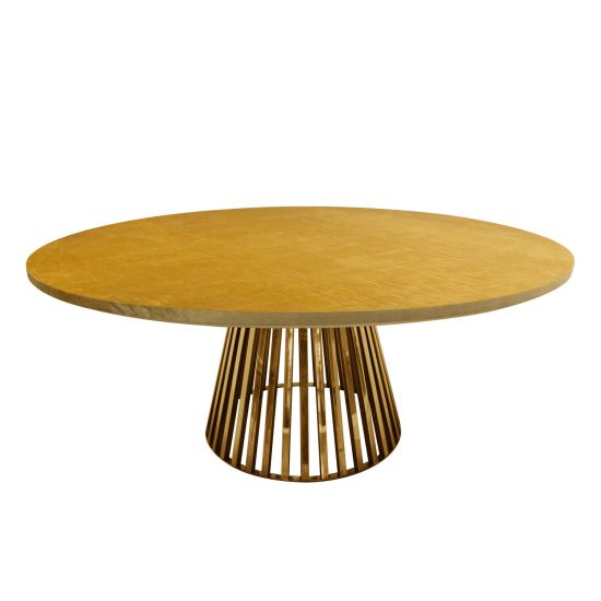 “72″ round Bohemian Dining Table Plus with warm gold cover tabletop and gold metal base, ideal for modern boho-chic event dining décor
