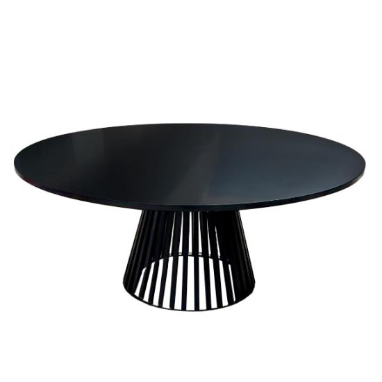 “72″ round Bohemian dining table with black wood top and matching black base, ideal for modern event dining and reception décor.