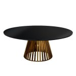 “72″ round Bohemian dining table with black wood top and matching gold base, ideal for modern event dining and reception décor.