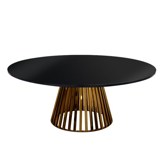 “72″ round Bohemian dining table with black wood top and matching gold base, ideal for modern event dining and reception décor.
