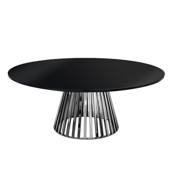 “72″ round Bohemian dining table with black wood top and matching silver base, ideal for modern event dining and reception décor.