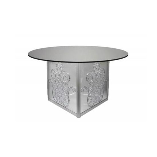 60″ round Mirror Dior dining table with reflective mirrored top and elegant base, ideal for luxury event dining and reception décor.