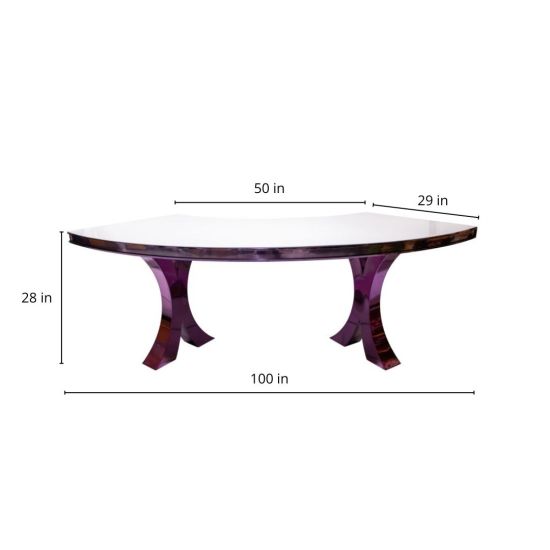 Reflection Serpentine purple table with black curved top and purple legs, modern serpentine dining table design for luxury event rentals and décor.