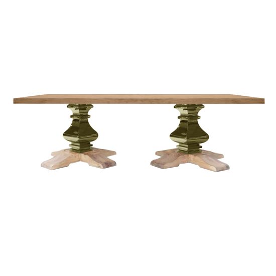 48x96 Tuscan rectangular dining table with rustic wood-look top and dual gold stainless steel pedestal bases on crossed wood feet for events.