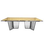 Varona Reflection dining table with silver frame and gold acrylic top, reflective rectangular tabletop and sculptural base for premium event styling.