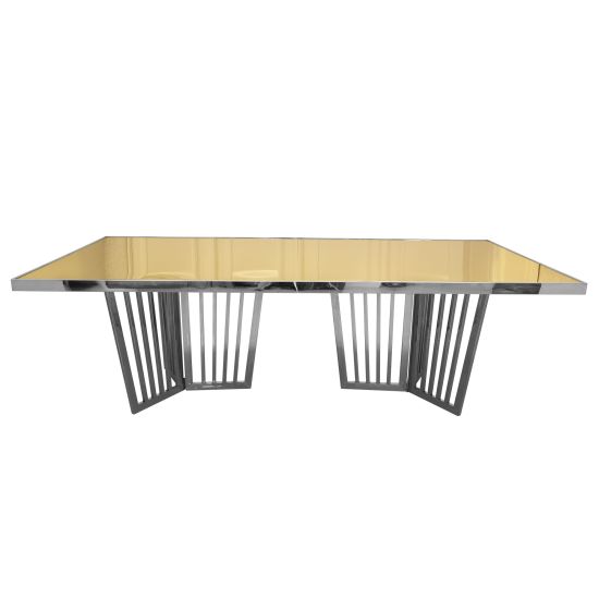 Varona Reflection dining table with silver frame and gold acrylic top, reflective rectangular tabletop and sculptural base for premium event styling.
