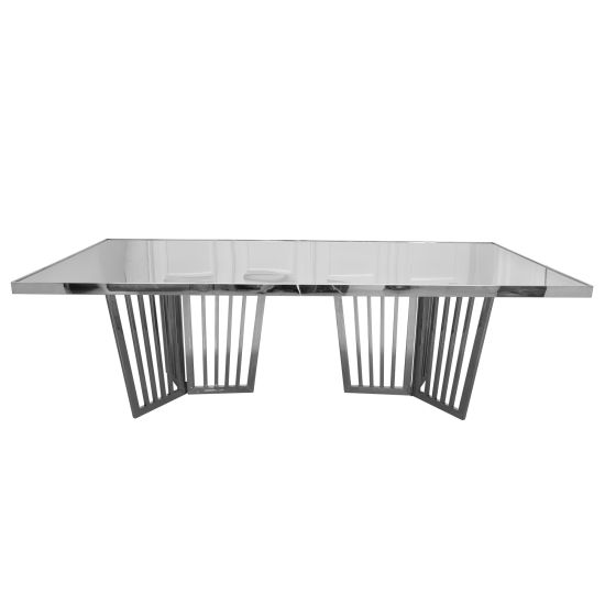 Varona Reflection dining table with silver metal frame and silver acrylic top, reflective rectangular tabletop and sculptural geometric base for events.