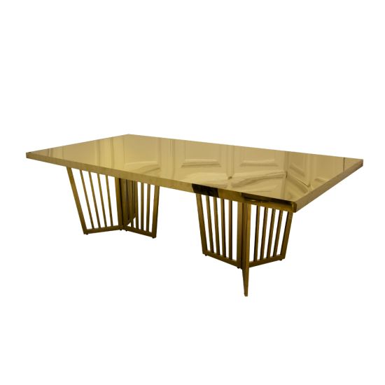 Varona Reflection dining table with gold frame and stainless steel gold top, mirror-finish rectangular surface and statement base for luxury events.