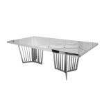 Varona Reflection dining table with silver metal frame and silver acrylic top, reflective rectangular tabletop and sculptural geometric base for events.
