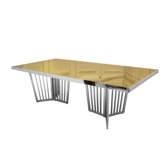 Varona Reflection dining table with silver frame and gold acrylic top, reflective rectangular tabletop and sculptural base for premium event styling.