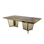 Geneva Reflection dining table with gold metal frame and black marble-look acrylic top with gold veining, glossy rectangular tabletop for events.