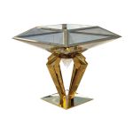 reflective silver mirrored highboy cocktail table with round top and sleek pedestal base for event rental