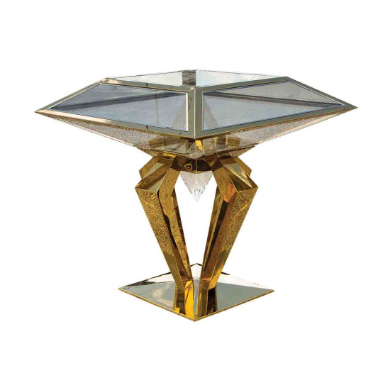 reflective silver mirrored highboy cocktail table with round top and sleek pedestal base for event rental