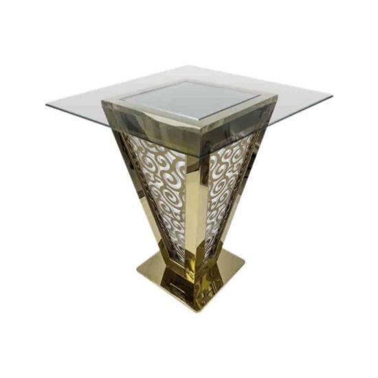 48×48-inch clear glass-top high-boy cocktail table with mirrored gold inverted-pyramid stainless-steel base for luxury event rental
