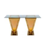 24 × 96-inch clear glass-top high-boy cocktail table with inverted-pyramid gold-metal base from Reflection collection for luxury event rental