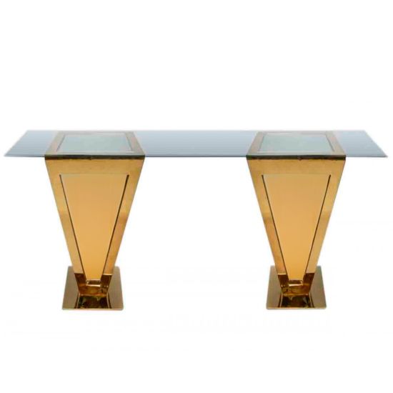 48 × 96-inch high cocktail table with pyramid base, mirrors, clear glass top, and gold chrome inverted pyramid pedestals for luxury event rentals.