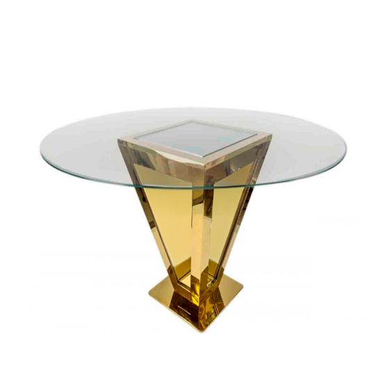 60-inch round clear glass-top high-boy cocktail table with inverted pyramid gold-metal base for luxury event rental