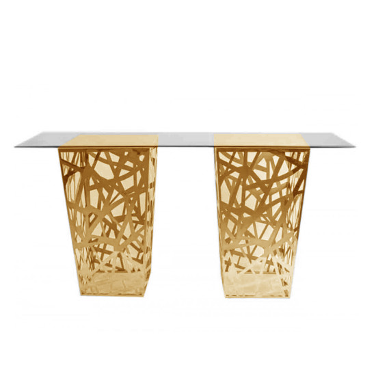 24 × 96 inch clear glass-top high-boy cocktail table with gold-metal open-work Web base for luxury event rental