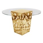 60-inch round clear glass-top high-boy cocktail table with gold open-web metal base for upscale event rental