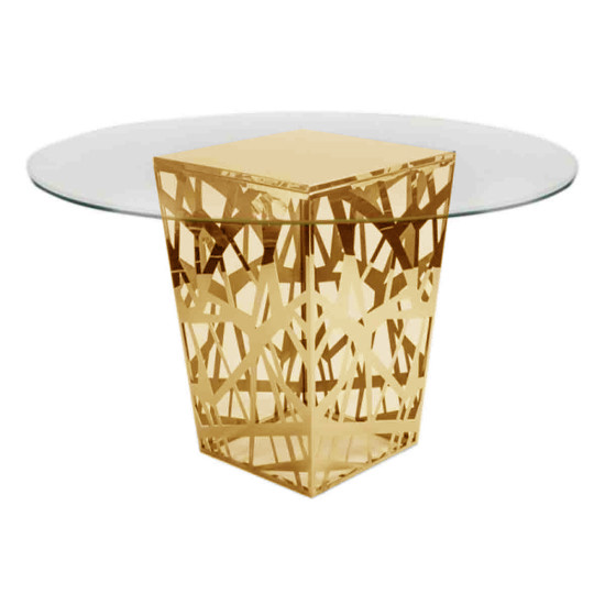 60-inch round clear glass-top high-boy cocktail table with gold open-web metal base for upscale event rental