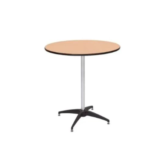 round laminate cocktail height table with light wood top, chrome pedestal and black star base for event rental