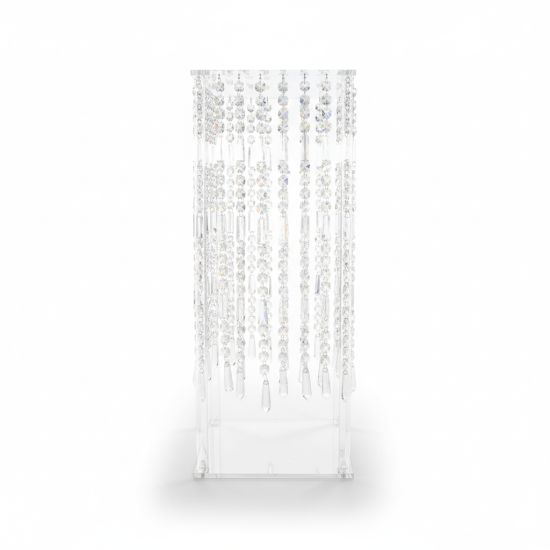 Clear square acrylic base with hanging crystal strands, elegant dessert display riser for weddings, cake tables, and event styling.