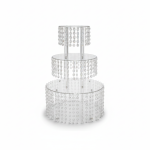 Three-tier round crystal display base with clear bead strands, glamorous riser for cakes, desserts, and wedding table styling.
